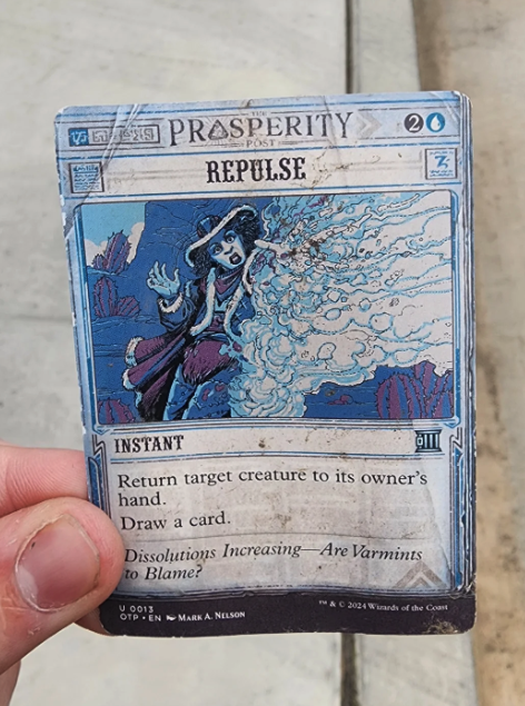 A Magic card showing visible play wear, including a crease, edge wear, and surface dirt from repeated handling