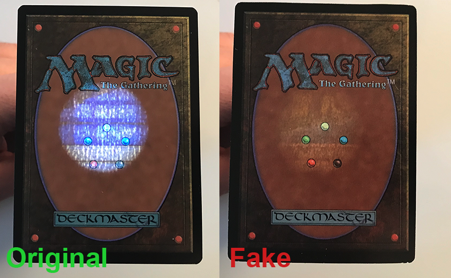 Side-by-side light test comparing an original MTG card, which glows dark blue when backlit, against a fake card, which shows no blue core