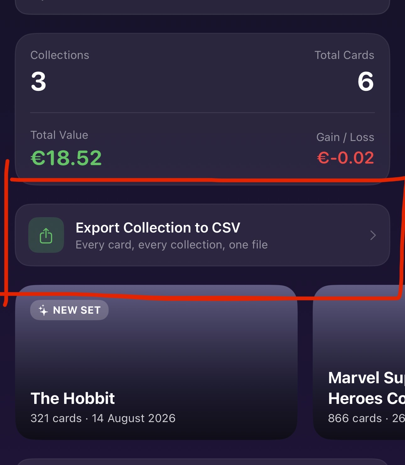 Lotus Scan collection screen with the Export Collection to CSV button highlighted