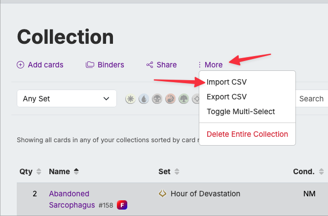 Moxfield’s Collection page with the More menu open, showing the Import CSV and Export CSV options