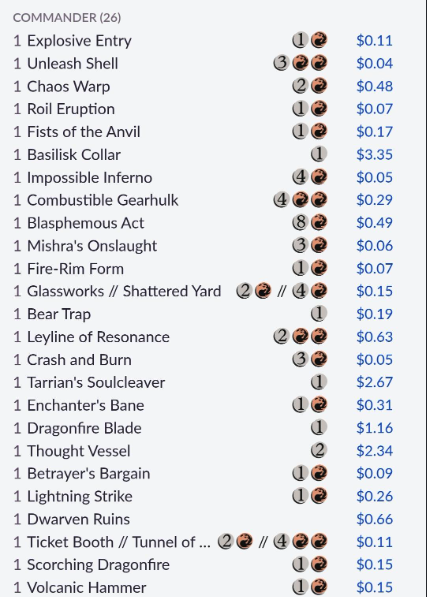 A Commander deck list inside Moxfield showing card names, mana costs, and live prices after an import