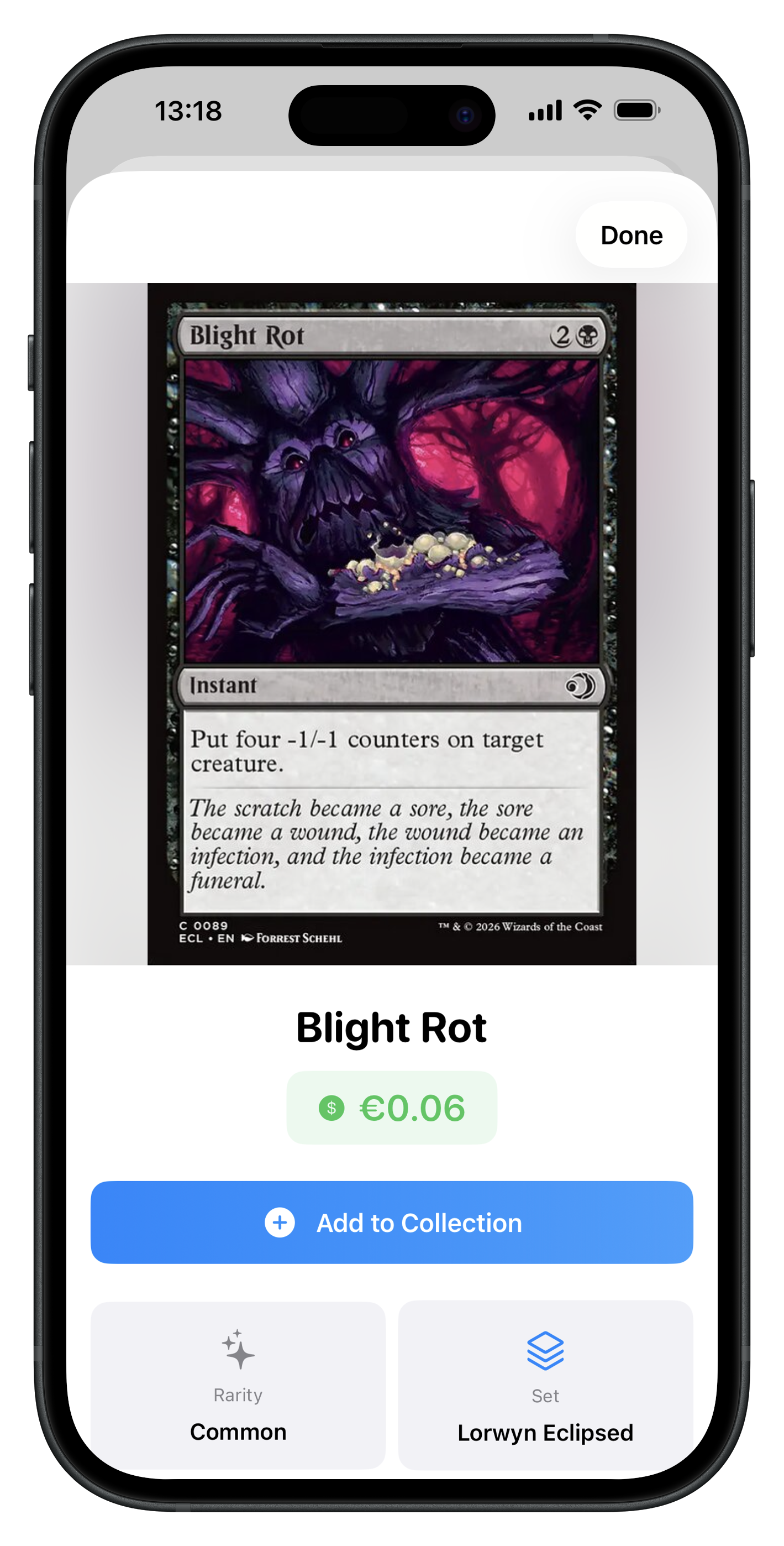 Lotus Scan showing MTG card details and price