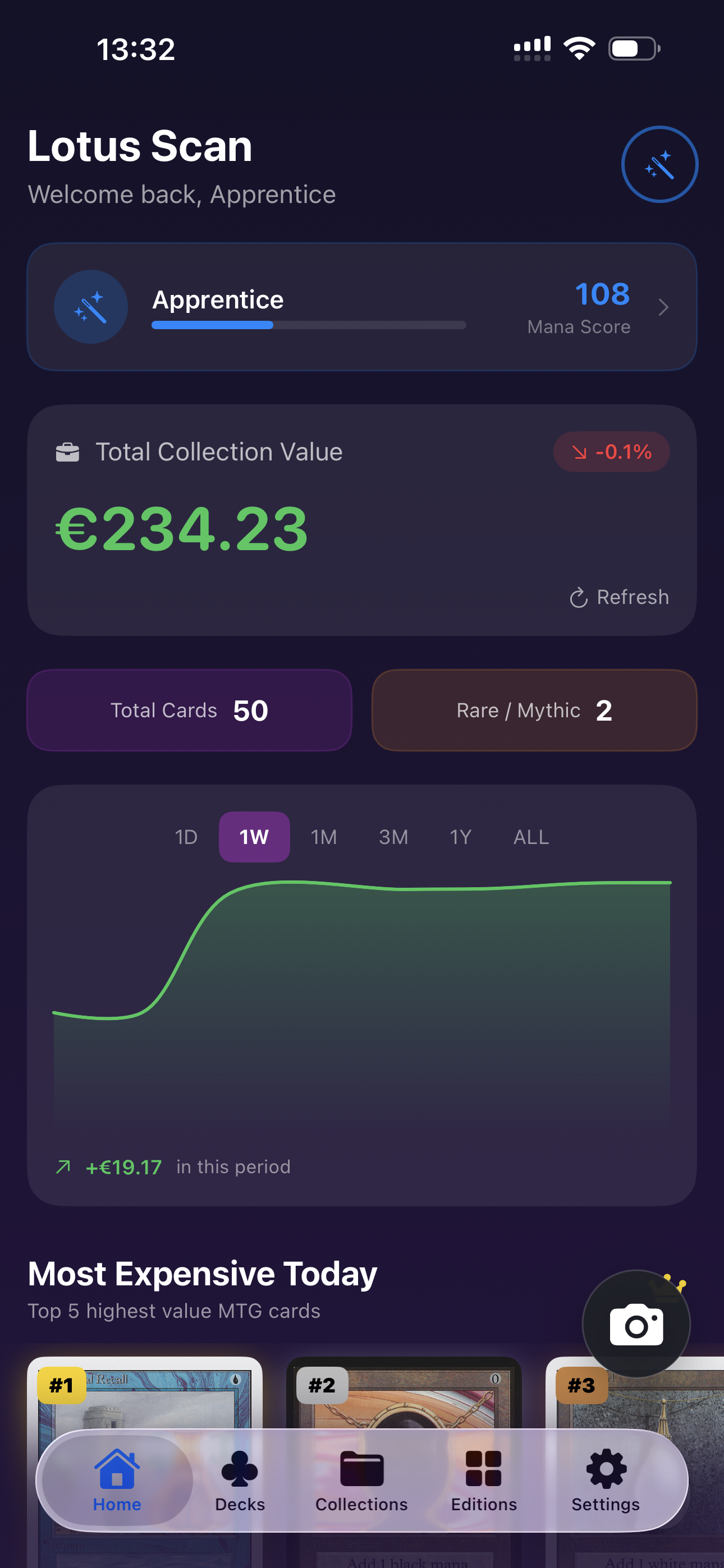 Lotus Scan showing collection value, mana score, and top cards on the home screen