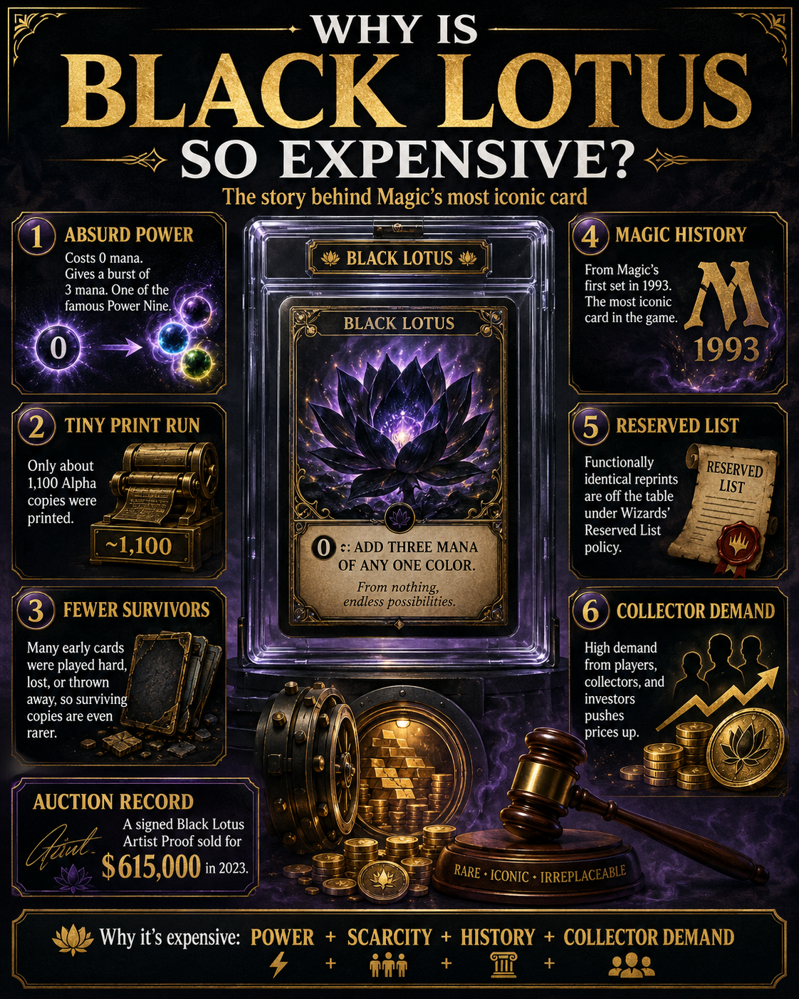 Infographic explaining why Black Lotus is so expensive: absurd power, tiny print run, fewer survivors, Magic history, the Reserved List, and collector demand